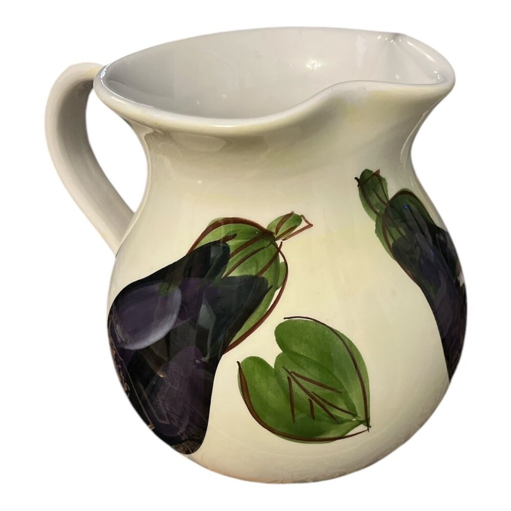 Hand-Painted Antica Fornace Italy Ceramic Pitcher With Eggplant & Leaf Design